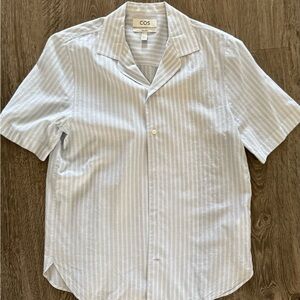 COS Men's Sky Blue Striped Casual Shirt Camp Collar Size Small Relaxed Fit